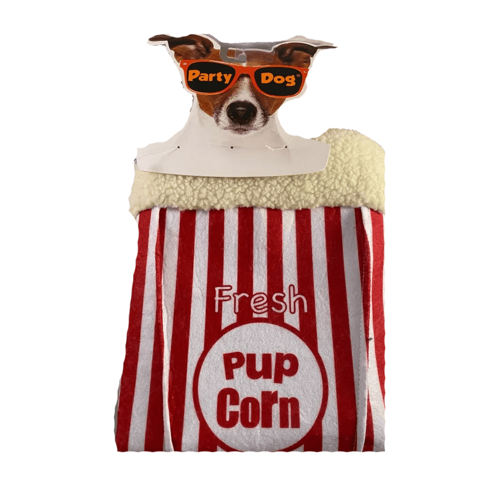 Introducing the Pup Corn Small Dog Costume by Vegas Party Favors: a polyester dog-shaped cardboard cutout in orange Party Dog sunglasses atop a red-and-white striped popcorn bag labeled Fresh Pup Corn, available in XS/S sizes for a playful touch.