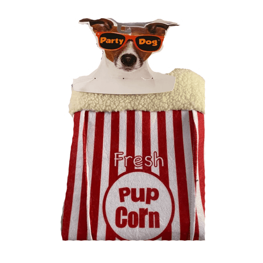 Introducing the Pup Corn Small Dog Costume by Vegas Party Favors: a polyester dog-shaped cardboard cutout in orange Party Dog sunglasses atop a red-and-white striped popcorn bag labeled Fresh Pup Corn, available in XS/S sizes for a playful touch.