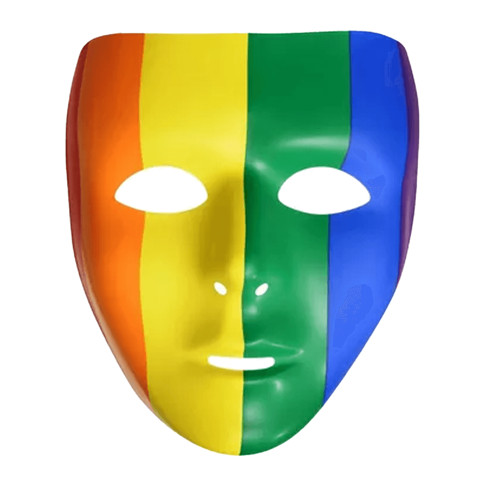 Meet the Vegas Party Favors Rainbow Face Mask, ideal for a masquerade ball. With vertical stripes in vibrant orange, yellow, green, and blue against white eye and mouth openings and a glossy finish, this full-face mask ensures you make a colorful statement at any event.