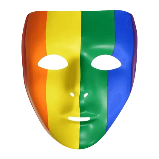 Meet the Vegas Party Favors Rainbow Face Mask, ideal for a masquerade ball. With vertical stripes in vibrant orange, yellow, green, and blue against white eye and mouth openings and a glossy finish, this full-face mask ensures you make a colorful statement at any event.