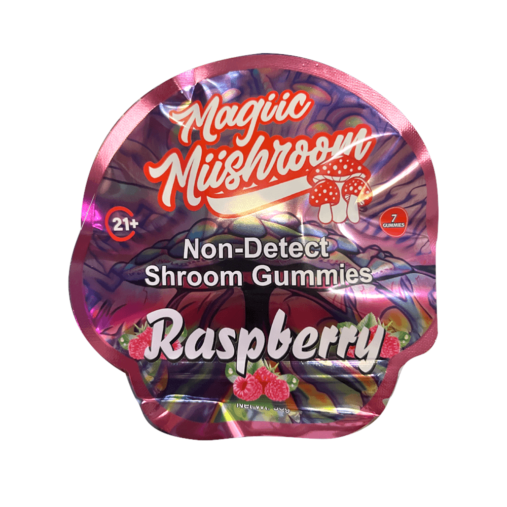 Magic Mushroom Raspberry Gummies packaging featuring a colorful design and label indicating non-detect shroom gummies.