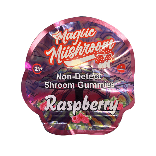 Magic Mushroom Raspberry Gummies packaging featuring a colorful design and label indicating non-detect shroom gummies.