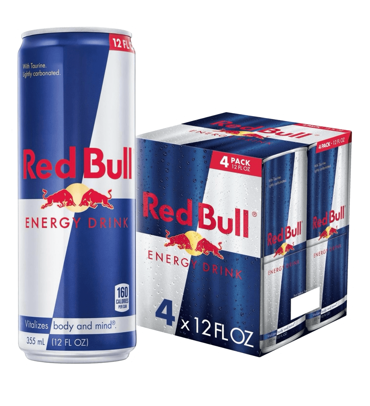 Vegas Party Favors 12 fl oz Red Bull Energy Drink cans come in a recyclable aluminum four-pack. Featuring the iconic logo and 160 calories per can, they highlight vitalizes body and mind, packed with caffeine for an energy boost.