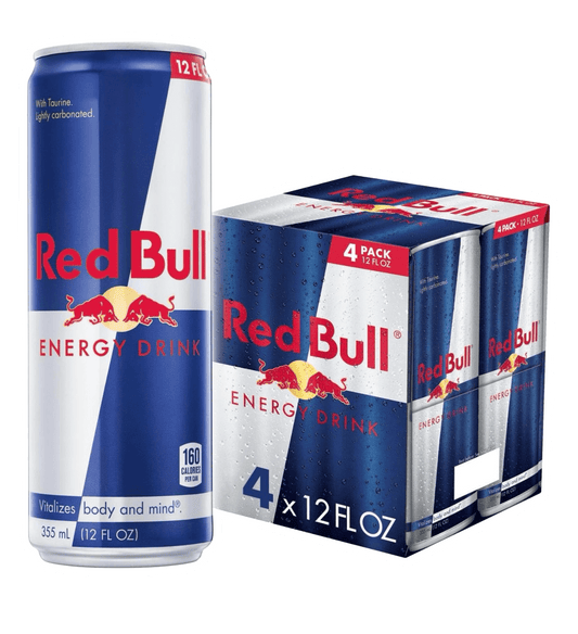 Vegas Party Favors 12 fl oz Red Bull Energy Drink cans come in a recyclable aluminum four-pack. Featuring the iconic logo and 160 calories per can, they highlight vitalizes body and mind, packed with caffeine for an energy boost.