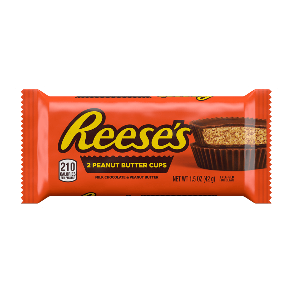 A Vegas Party Favors pack features two Reeses Peanut Butter Cups Milk Chocolate 1.5 oz, in orange packaging with bold yellow Reeses logo and a visual of partially eaten milk chocolate cups, showing nutritional info and net weight.