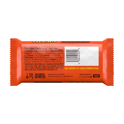 The image shows the back of a Reeses Peanut Butter Cups Milk Chocolate 1.5 oz package by Vegas Party Favors, showcasing nutritional information, ingredients, and contact details. A barcode is visible on the right side of the orange packaging, a popular snack choice.