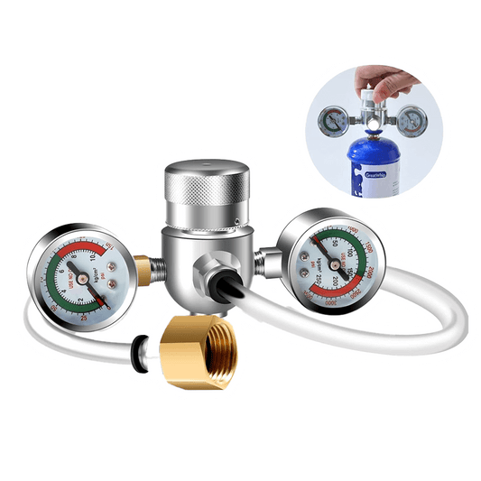 The Vegas Party Favors GreatWhip Pressure Regulator Valve, with dual psi/kPa gauges and bar readings, connects via sturdy hoses to a blue gas cylinder. An inset shows its commercial-friendly design suitable for 580g, 640g, and 3.3L tanks with an upgraded adapter and hose line on the dispenser.