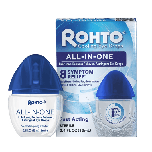 Image of Rohto All-in-One Multi-Symptom Cooling Eye Drops packaging by Vegas Party Favors. It features CoolSense Technology, offering up to 8 hours of relief for irritated, dry, burning, watery, itchy, red, and gritty eyes. The box and bottle prominently display the products name and features.