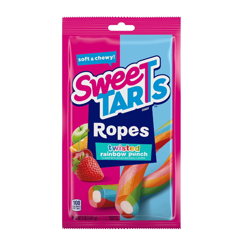 A 5.0 oz package of Sweetarts Twisted Rainbow Ropes by Vegas Party Favors features a fruit punch flavor with vibrant images of fruits like strawberry and lime. The packaging highlights a soft & chewy texture and contains 100 calories per serving.