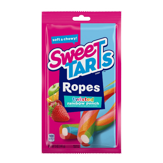 A 5.0 oz package of Sweetarts Twisted Rainbow Ropes by Vegas Party Favors features a fruit punch flavor with vibrant images of fruits like strawberry and lime. The packaging highlights a soft & chewy texture and contains 100 calories per serving.