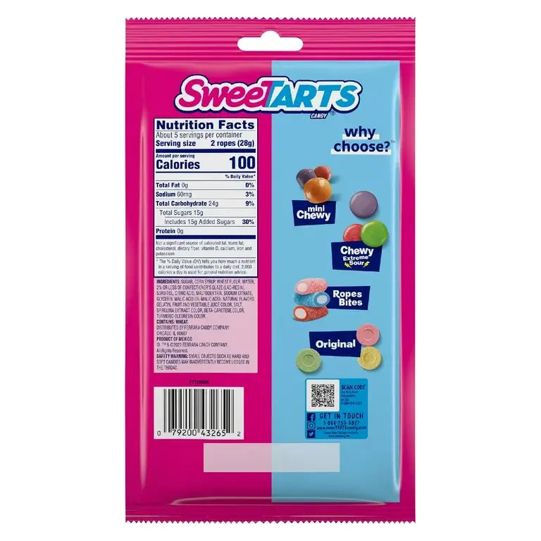 The back of the Sweetarts Twisted Rainbow Ropes Fruity 5.0 oz package by Vegas Party Favors showcases nutrition facts, a barcode, and enticing images labeled Mini Chewy, Chewy Ropes, Ropes Bites, & Original against a pink and blue backdrop, spotlighting the Fruit Punch flavor.