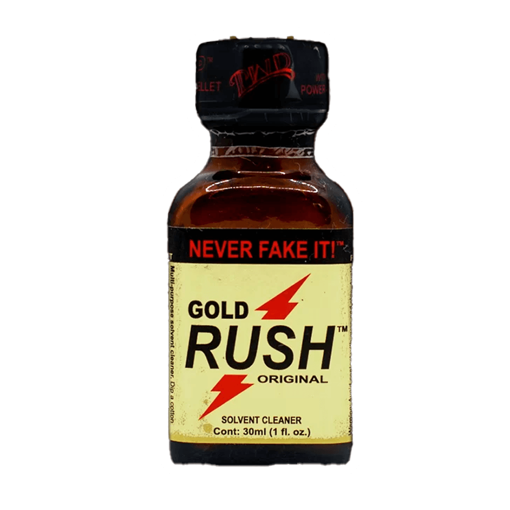 A 30ml bottle labeled RUSH - GOLD RUSH, from Vegas Party Favors features red lightning bolts and NEVER FAKE IT! on its black cap. Often linked with poppers, its intended as a solvent cleaner.