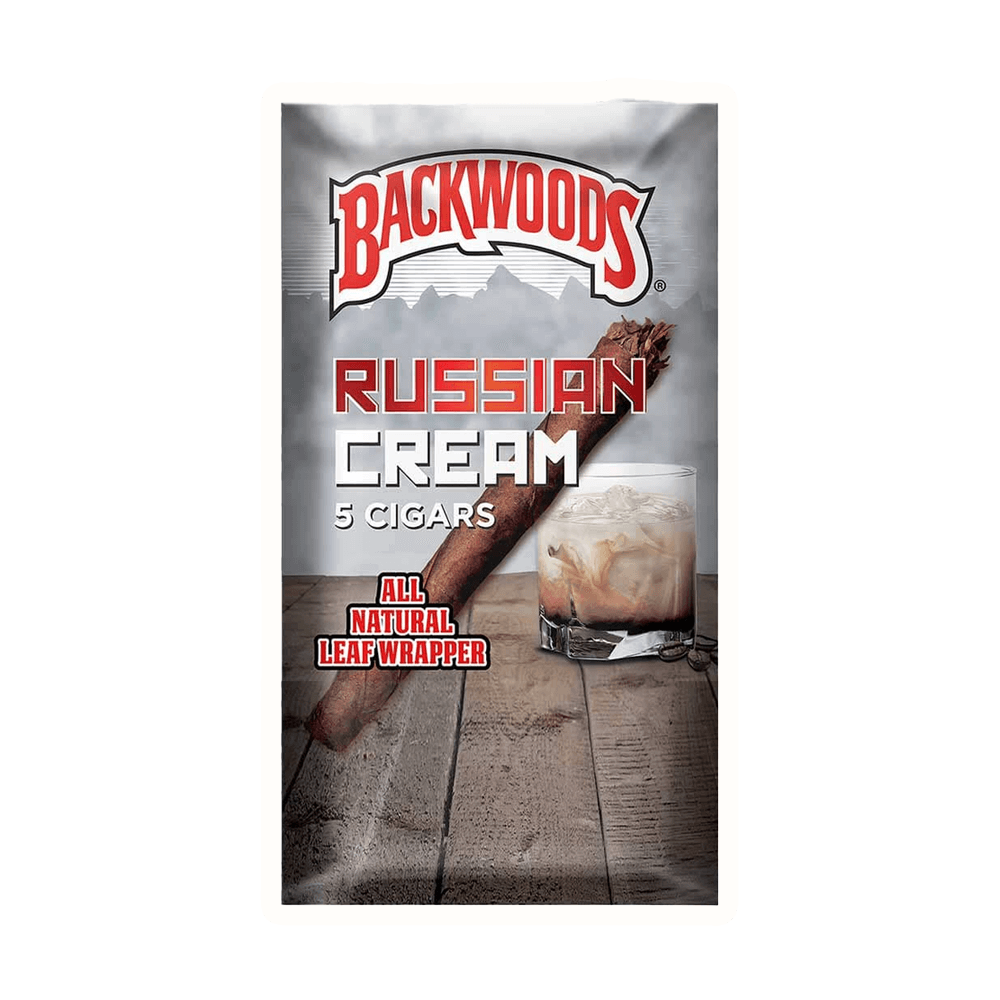 Backwoods Russian Cream cigars packaging, featuring all-natural leaf wrappers and a glass with creamy drink.