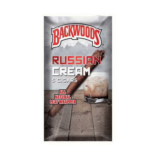 Backwoods Russian Cream cigars packaging, featuring all-natural leaf wrappers and a glass with creamy drink.