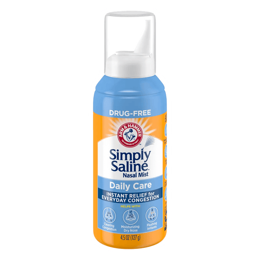 The Simply Saline Nasal Care Daily Relief Mist Spray - 4.5oz by Vegas Party Favors comes in a tall canister with a blue and orange label, offering drug-free, instant congestion relief. It cleans, moisturizes, and provides everyday comfort for your daily nasal care needs.