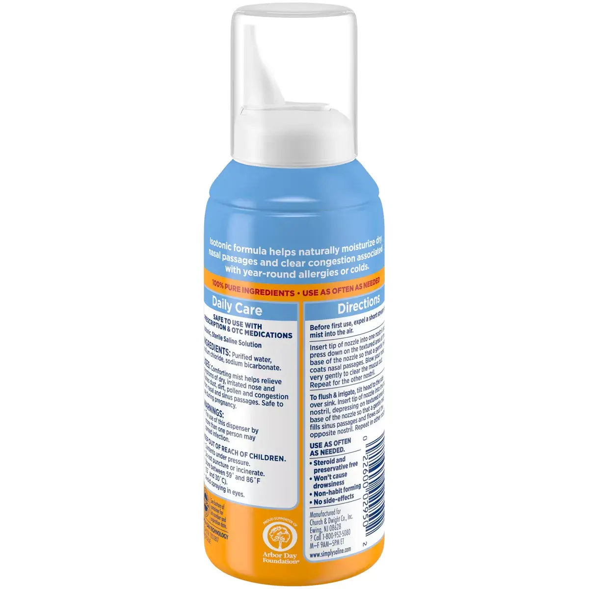 The Simply Saline Nasal Care Daily Relief Mist Spray by Vegas Party Favors is a 4.5oz drug-free saline nasal spray with a blue and orange label, offering congestion relief. It includes usage directions, product information, and a white pump dispenser on top.