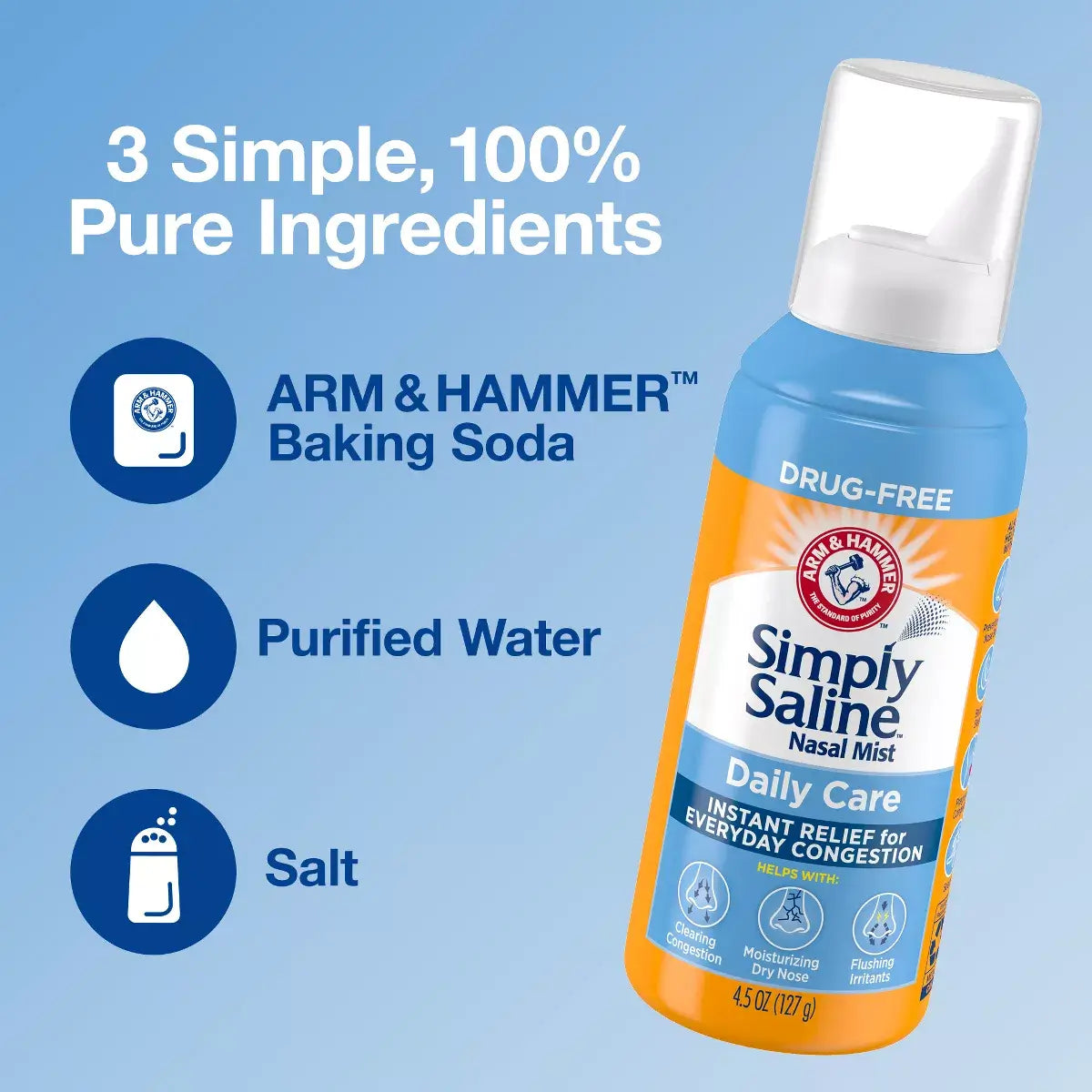 An image of Vegas Party Favors Simply Saline Nasal Care Daily Relief Mist Spray (4.5oz). The blue and orange packaging highlights its three ingredients: baking soda, purified water, and salt. Provides effective congestion relief without drugs.