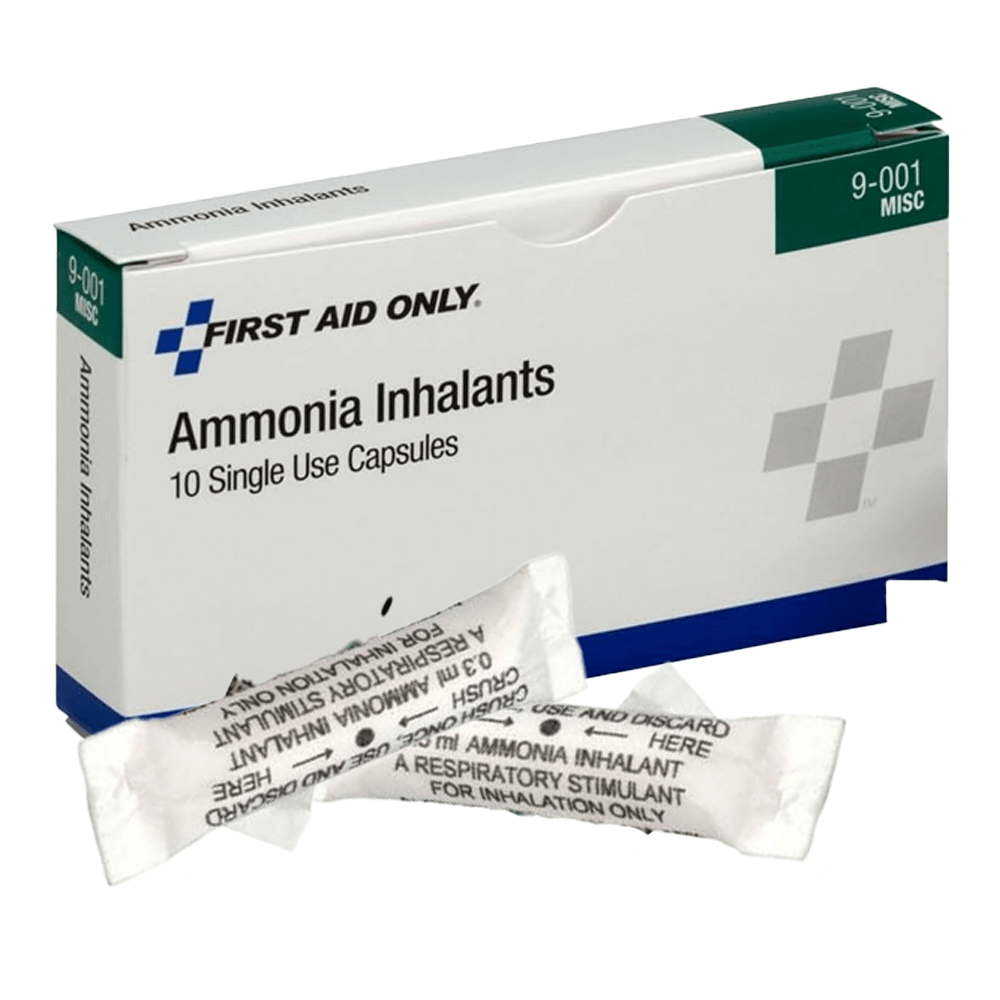 A box of Pac-Kit 9-001 Ammonia Inhalant Capsules by Vegas Party Favors comes with 10 capsules, ideal for any first aid kit. Displayed are two respiratory stimulant capsules for inhalation use only.