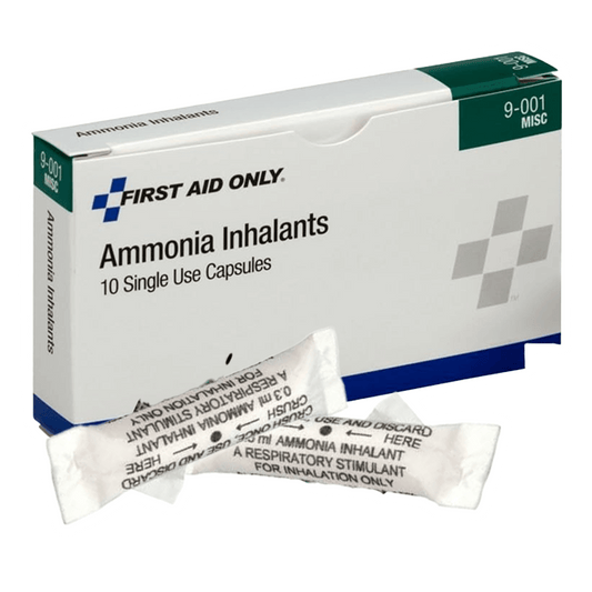 A box of Pac-Kit 9-001 Ammonia Inhalant Capsules by Vegas Party Favors comes with 10 capsules, ideal for any first aid kit. Displayed are two respiratory stimulant capsules for inhalation use only.