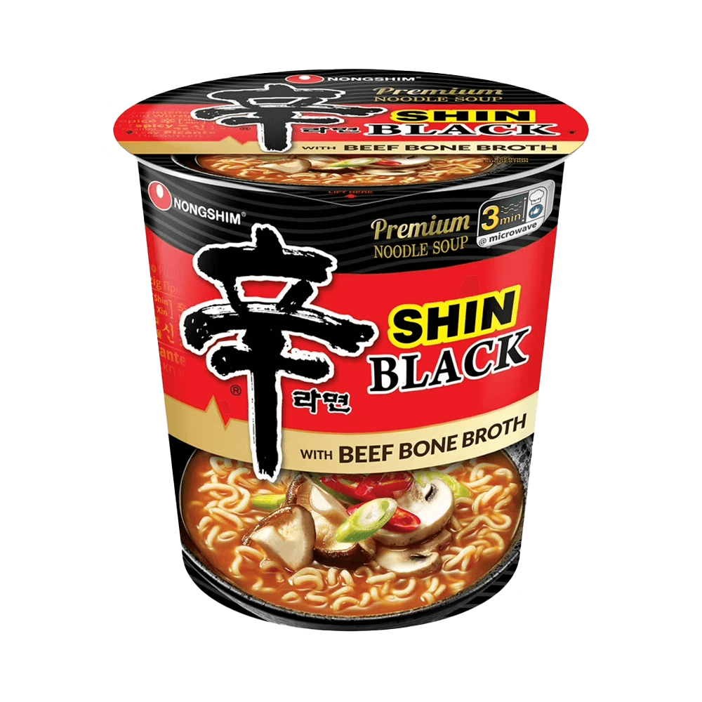 The Nongshim Black Shin Noodle Cup by Vegas Party Favors features a savory beef bone broth, chewy noodles, mushrooms, spices, vegetables, and beef chunks. The red and black cup includes easy cooking instructions for a delightful meal ready in just 3 minutes.