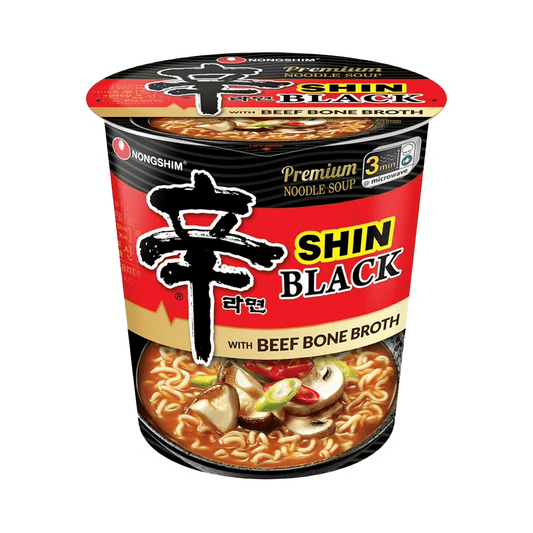 The Nongshim Black Shin Noodle Cup by Vegas Party Favors features a savory beef bone broth, chewy noodles, mushrooms, spices, vegetables, and beef chunks. The red and black cup includes easy cooking instructions for a delightful meal ready in just 3 minutes.