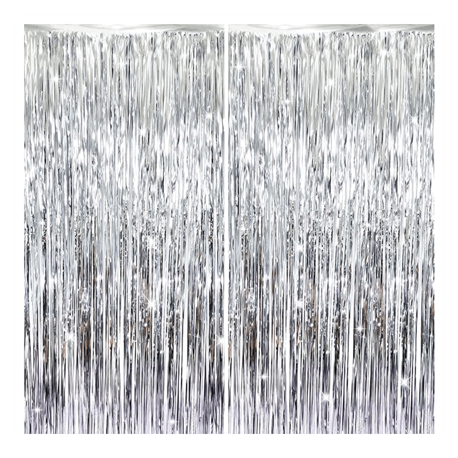 Vegas Party Favors offers a set of two GOER 6.4 ft x 9.8 ft silver metallic tinsel foil fringe curtains, perfect for creating a dense, reflective backdrop for festive occasions like birthdays, graduations, and New Years Eve with their PET material enhancing sparkle and adding a glamorous ambiance.