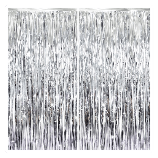 Vegas Party Favors offers a set of two GOER 6.4 ft x 9.8 ft silver metallic tinsel foil fringe curtains, perfect for creating a dense, reflective backdrop for festive occasions like birthdays, graduations, and New Years Eve with their PET material enhancing sparkle and adding a glamorous ambiance.