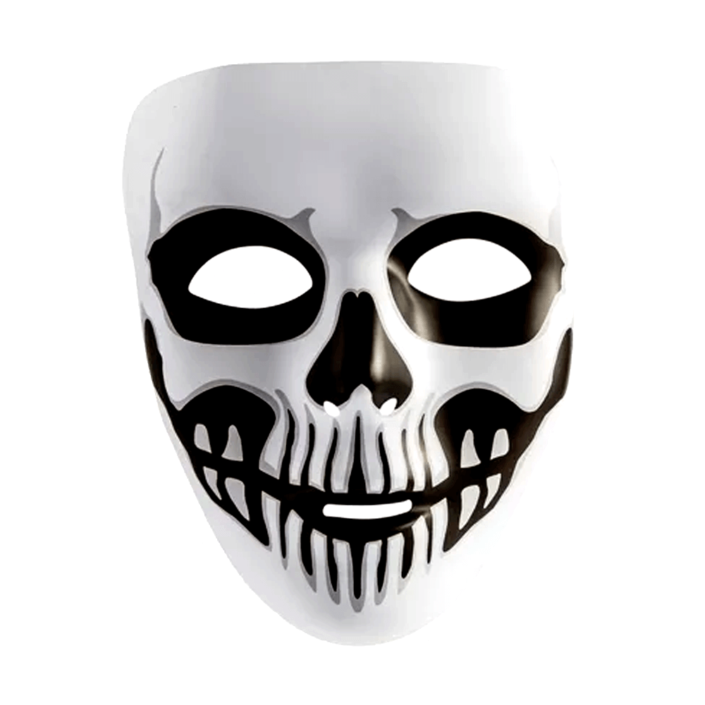 The Horror Skull Mask by Vegas Party Favors features a white design with black skeletal face details, hollow eyes, a nose, and a grinning mouth with vertical lines—an ideal accessory for your spooky costume.