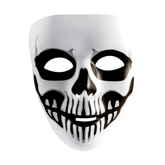 The Horror Skull Mask by Vegas Party Favors features a white design with black skeletal face details, hollow eyes, a nose, and a grinning mouth with vertical lines—an ideal accessory for your spooky costume.