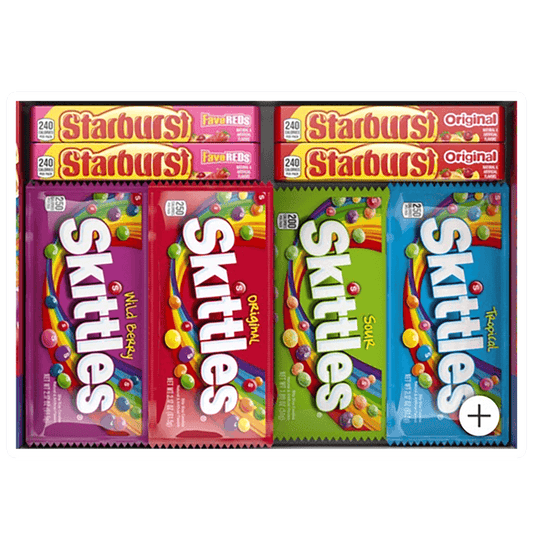 Vegas Party Favors offers a vibrant 30-count candy assortment, featuring three Starburst FaveREDS packs and a box of Skittles with Wild Berry, Original, Sour, and Tropical flavors.