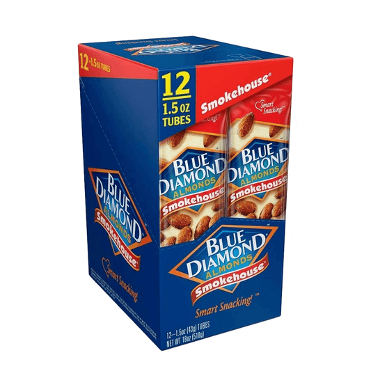 The Vegas Party Favors Blue Diamond Almonds in Smokehouse flavor offers 12 packs of 1.5 oz, marketed as Smart Snacking!—ideal for convenient flavor-filled enjoyment on the go.