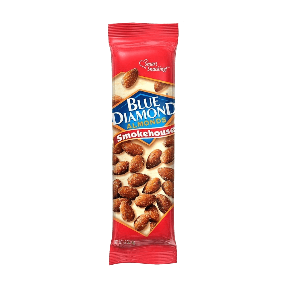 A Blue Diamond Almonds, Smokehouse Flavored Snack Nuts single serve bag by Vegas Party Favors features roasted almonds on the packaging against a red backdrop with a Smart Snacking label emphasizing their healthful benefits.