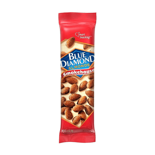 A Blue Diamond Almonds, Smokehouse Flavored Snack Nuts single serve bag by Vegas Party Favors features roasted almonds on the packaging against a red backdrop with a Smart Snacking label emphasizing their healthful benefits.