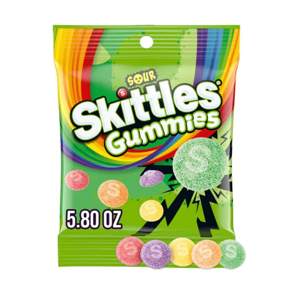 A 5.80 oz bag of Vegas Party Favors Skittles Gummies Sour features colorful packaging with vibrant rainbow graphics. Inside, chewy gummies in pink, orange, green, yellow, and purple stand out against a bright green backdrop—ideal for gummy candy lovers seeking a tangy twist!.