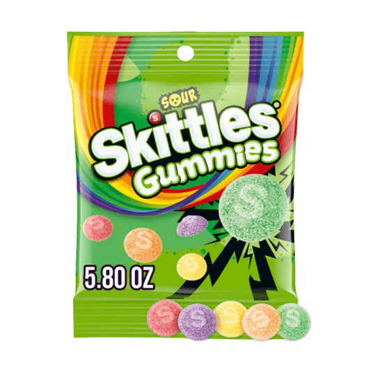 A 5.80 oz bag of Vegas Party Favors Skittles Gummies Sour features colorful packaging with vibrant rainbow graphics. Inside, chewy gummies in pink, orange, green, yellow, and purple stand out against a bright green backdrop—ideal for gummy candy lovers seeking a tangy twist!.