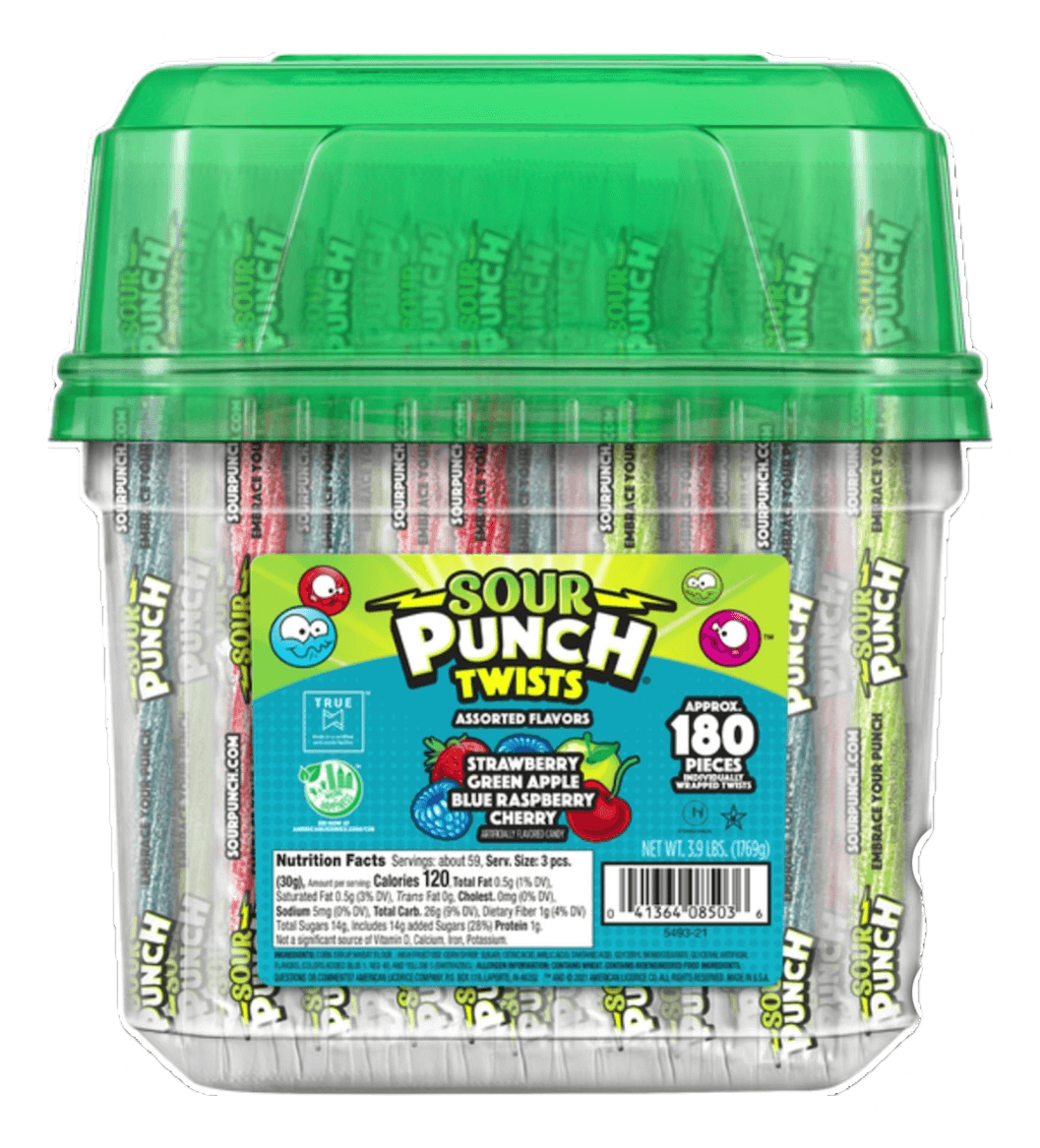 Vegas Party Favors’ Sour Punch Twists tub contains 180 individually wrapped, chewy candies in strawberry, green apple, blue raspberry, and cherry flavors. The container has a green lid and features colorful design elements.