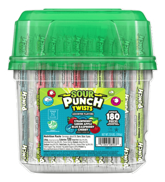 Vegas Party Favors’ Sour Punch Twists tub contains 180 individually wrapped, chewy candies in strawberry, green apple, blue raspberry, and cherry flavors. The container has a green lid and features colorful design elements.