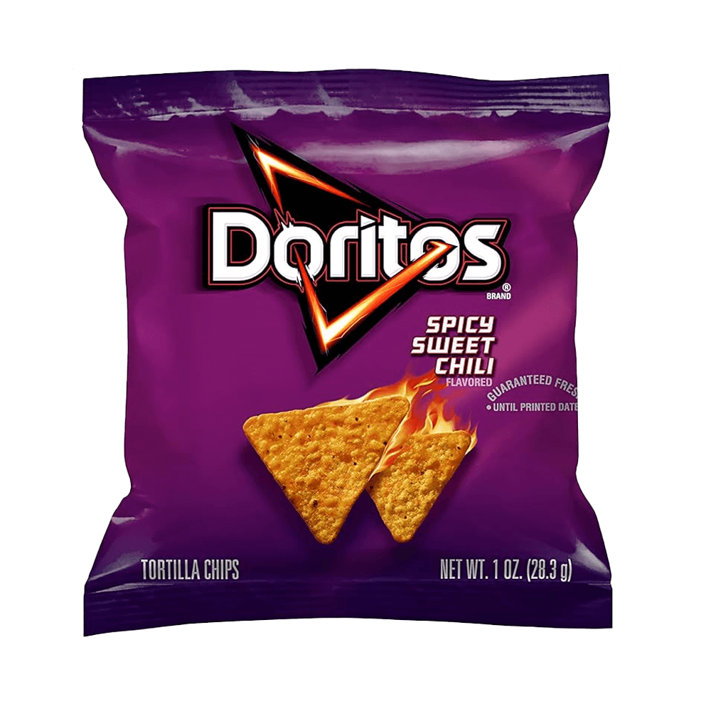 A 1oz Doritos Tortilla Chips Spicy Sweet Chili by Vegas Party Favors in vibrant purple packaging features fiery chips, offering a spicy twist on classic nacho cheese flavor.