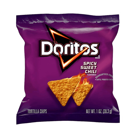 A 1oz Doritos Tortilla Chips Spicy Sweet Chili by Vegas Party Favors in vibrant purple packaging features fiery chips, offering a spicy twist on classic nacho cheese flavor.