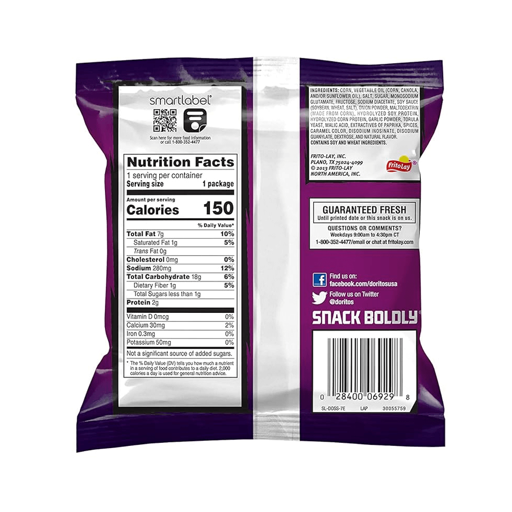 The back of the Doritos Tortilla Chips Spicy Sweet Chili 1oz package by Vegas Party Favors showcases nutrition facts and ingredients. The purple and white design highlights calories, fat, and contact info. Stay connected through social media for more on this irresistible flavor!.