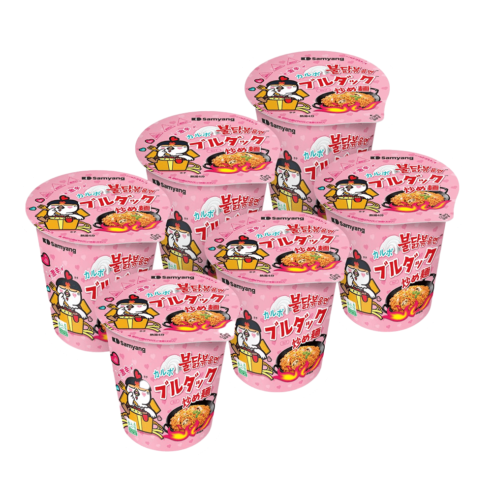 A set of Samyang Buldak Chicken Stir Fried Ramen cups by Vegas Party Favors with pink packaging adorned with a cartoon chicken and red spicy noodles illustration, featuring colorful text and graphics.