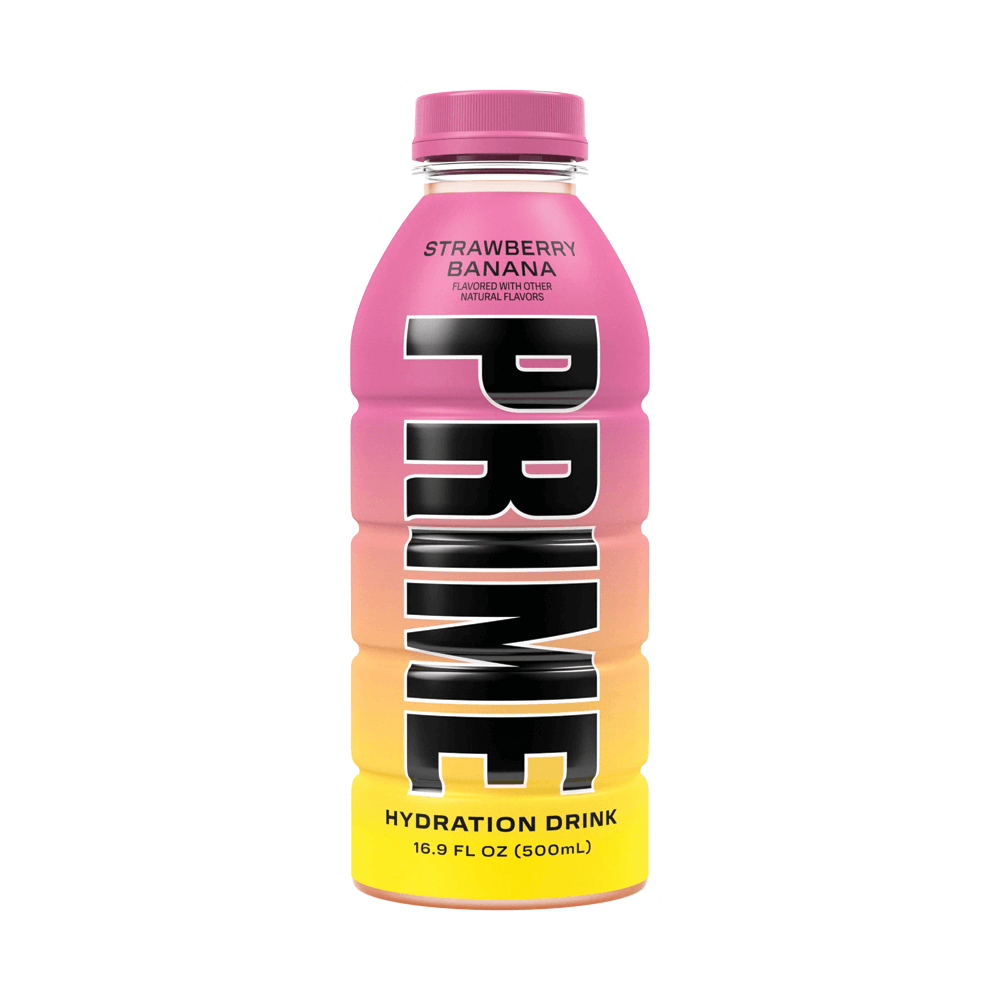 A 17oz Prime Hydration bottle by Vegas Party Favors, available in various flavors like strawberry banana, is enriched with coconut water and electrolytes. Its bold pink-to-yellow gradient with black lettering offers a refreshing experience with zero added sugar.