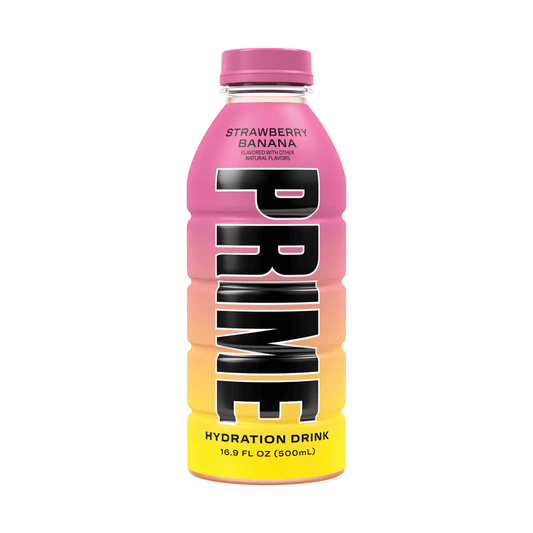 A 17oz Prime Hydration bottle by Vegas Party Favors, available in various flavors like strawberry banana, is enriched with coconut water and electrolytes. Its bold pink-to-yellow gradient with black lettering offers a refreshing experience with zero added sugar.