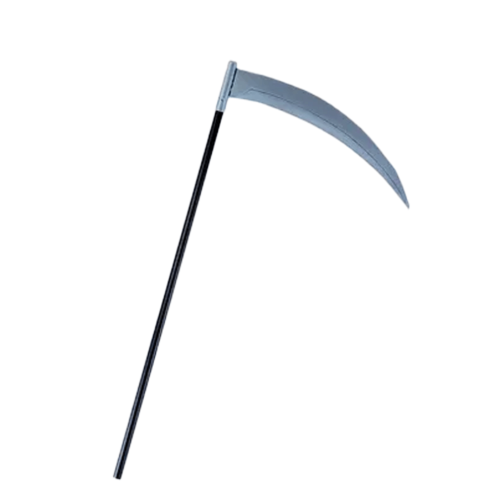 Featuring the High Scythe by Vegas Party Favors, this illustration showcases a Grim Reaper scythe with a long black handle and a curved silver blade against a white background.