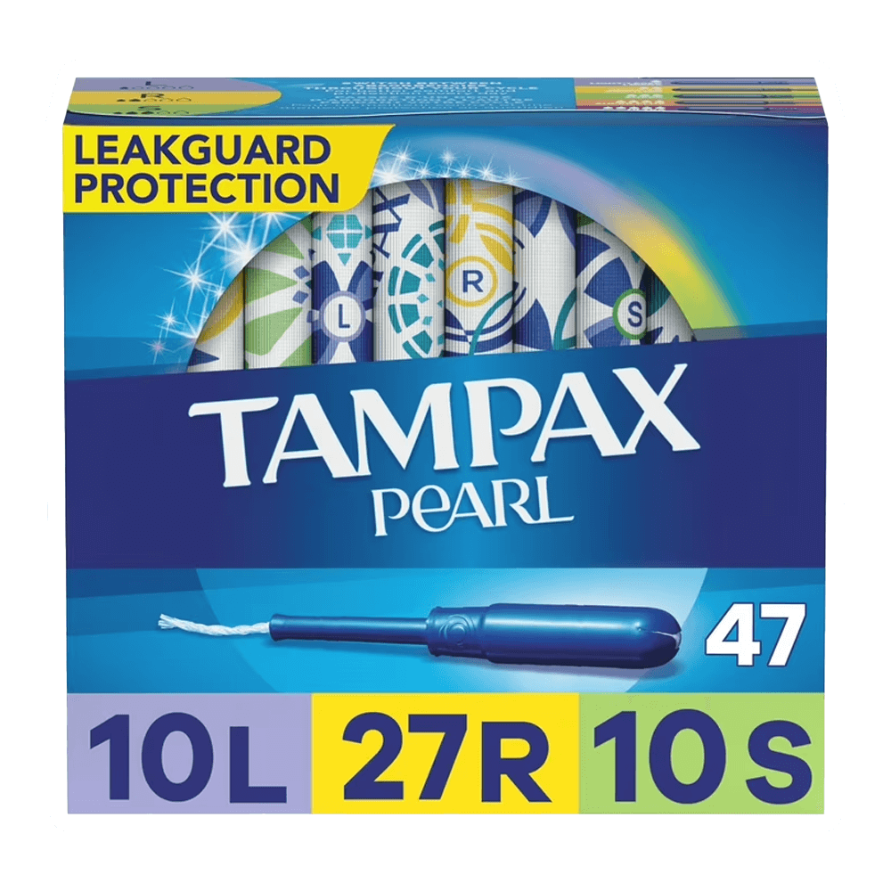 The Tampax Pearl package by Vegas Party Favors offers gynecologist-recommended LeakGuard Protection with a LeakGuard Braid. It includes 47 tampons in Light (10), Regular (27), and Super (10) sizes, featuring decorative wrappers and a blue gradient box design.