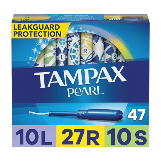 The Tampax Pearl package by Vegas Party Favors offers gynecologist-recommended LeakGuard Protection with a LeakGuard Braid. It includes 47 tampons in Light (10), Regular (27), and Super (10) sizes, featuring decorative wrappers and a blue gradient box design.