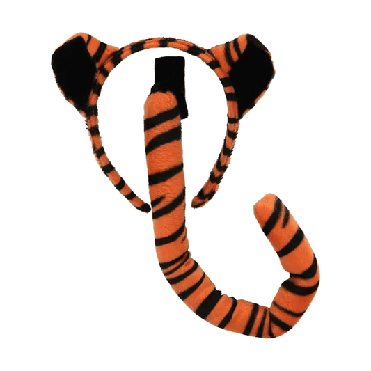 The Tiger Costume Accessory Kit by Vegas Party Favors includes an orange and black cat ear headband and a matching tiger-striped tail, perfect for completing your costume.