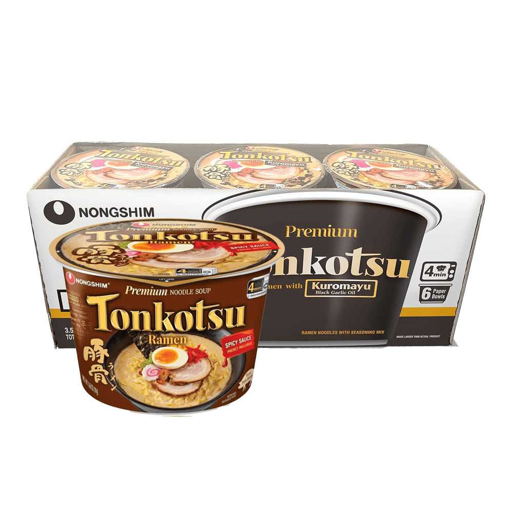 The image features Vegas Party Favors Tonkotsu Spicy Sauce Ramen Bowl, showcasing its versatile ramen with slices of meat and eggs. The packaging includes multiple large bowls emphasizing Kuromayu seasoning.