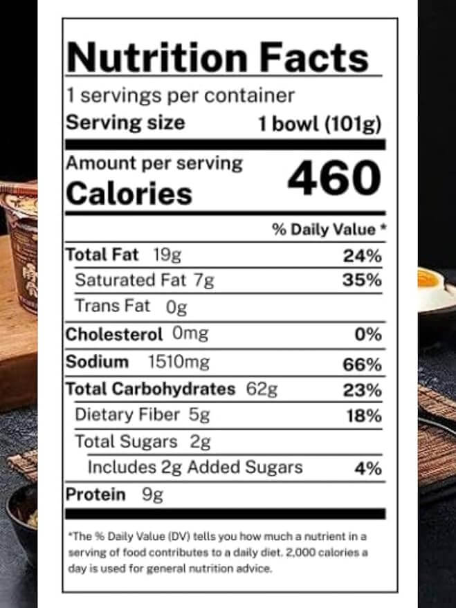 The image presents a nutrition facts label for Vegas Party Favors Tonkotsu Spicy Sauce Ramen Bowl. Each 101g serving has 460 calories, 19g total fat, 62g carbs, 12g sugars, and 9g protein. Sodium content is high at 1510mg, suitable for large portions.