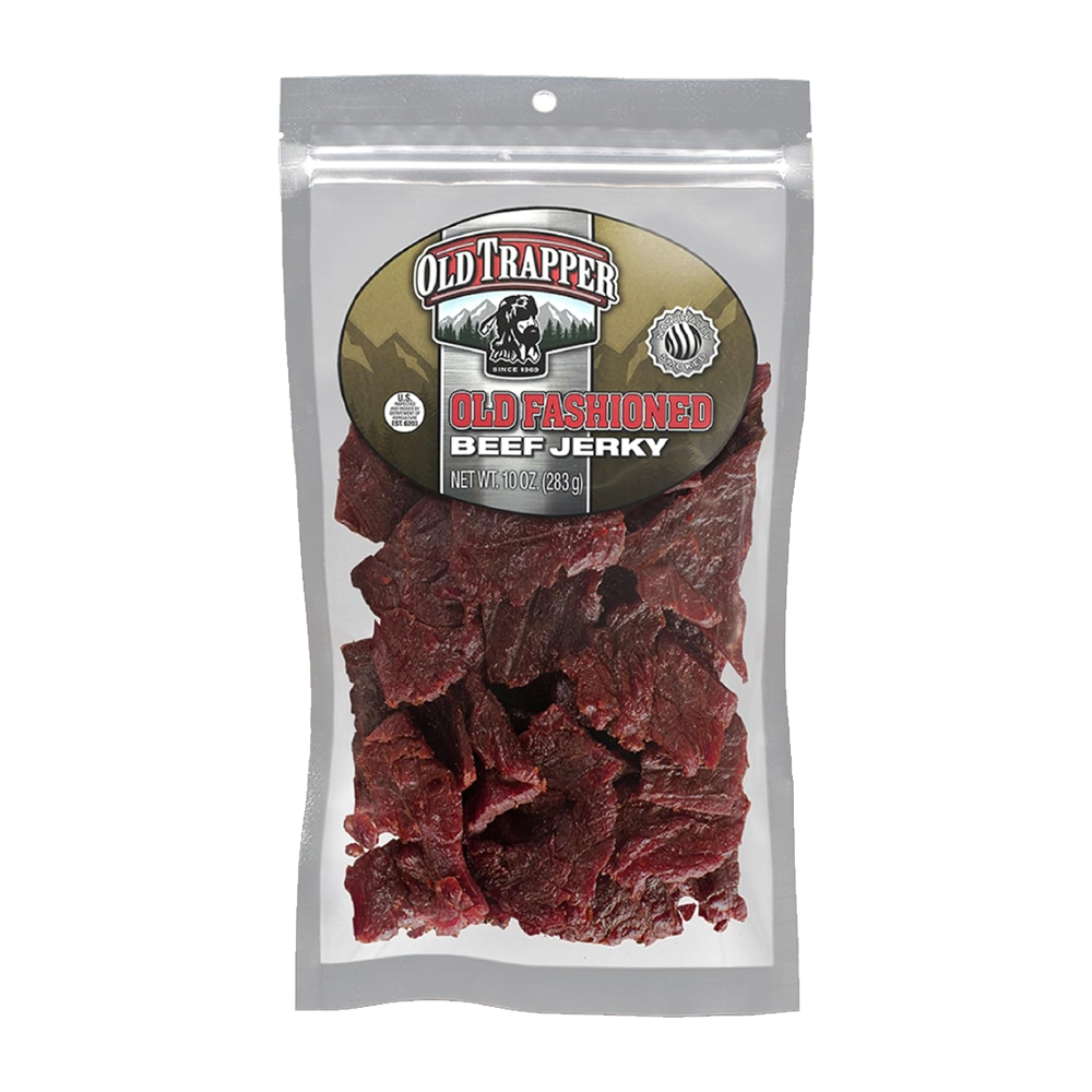 A clear plastic bag of dark red gourmet jerky is labeled Vegas Party Favors Old Trapper Beef Jerky, Old-Fashioned. This protein snack has a net weight of 10 oz (283g), providing 11g of protein, zero fat, and 70 calories per ounce.